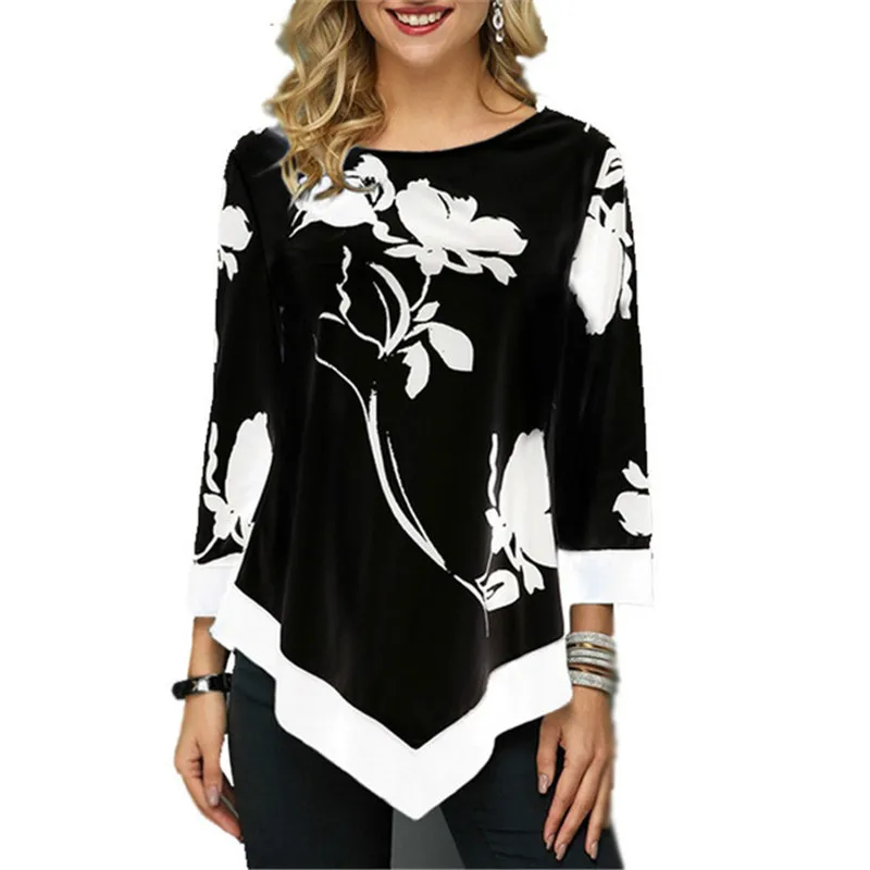 

New 2020 Shirt Women Spring Summer Floral Printing Blouse 3/4 Sleeve Casual Hem Irregularity Female Fashion Shirt Tops Plus Size