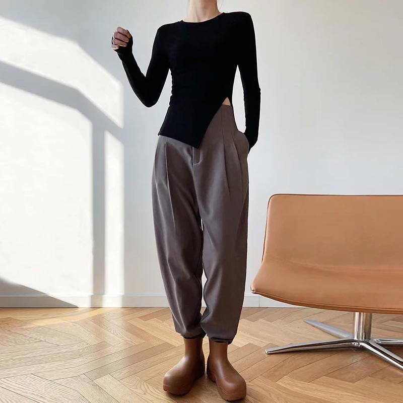 

SHENGPALAE High Waist Casual Buttons Pleayed Black Long Trousers New Loose Fit Pants Women Fashion Tide Spring Autumn 2021