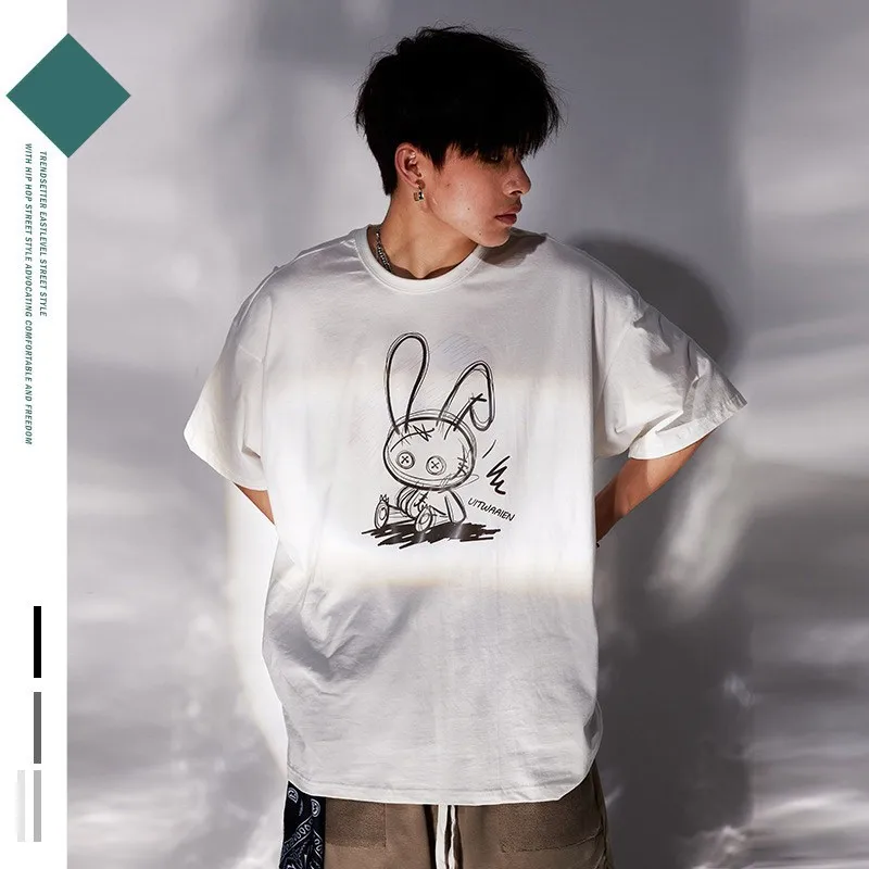

Retro American Short-sleeved T-shirt Men's Trend Line Cartoon Rabbit Print Cotton Loose Oversized Fashion Casual Ladies Top