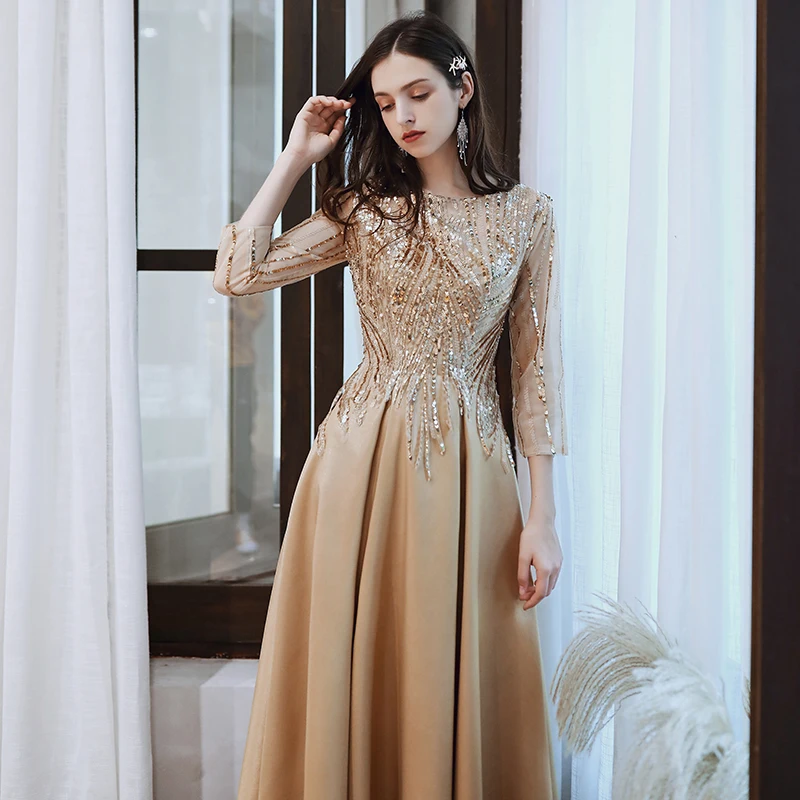 

LAMYA Banquet Gold Satin Evening Dress Elegant A Line Party Prom Gown Three Quarter Woemen Customized Robe De Soiree