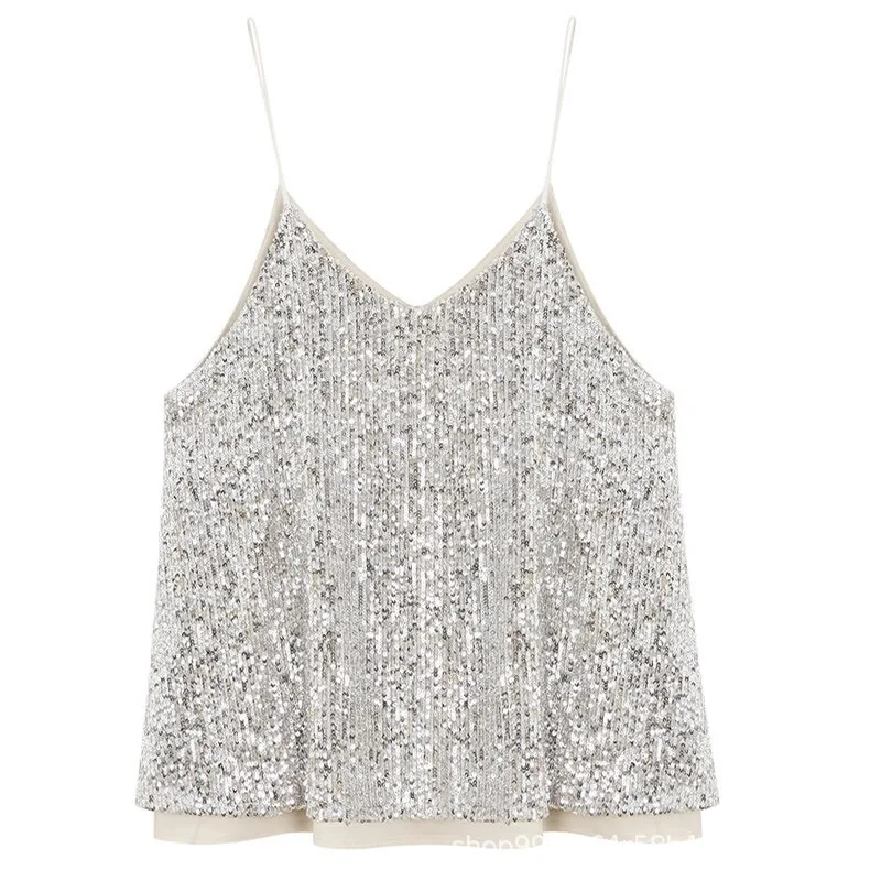 

Summer new style European and American sexy sparkling sequins V-neck camisole loose top outer wearSexy V-neck camisole