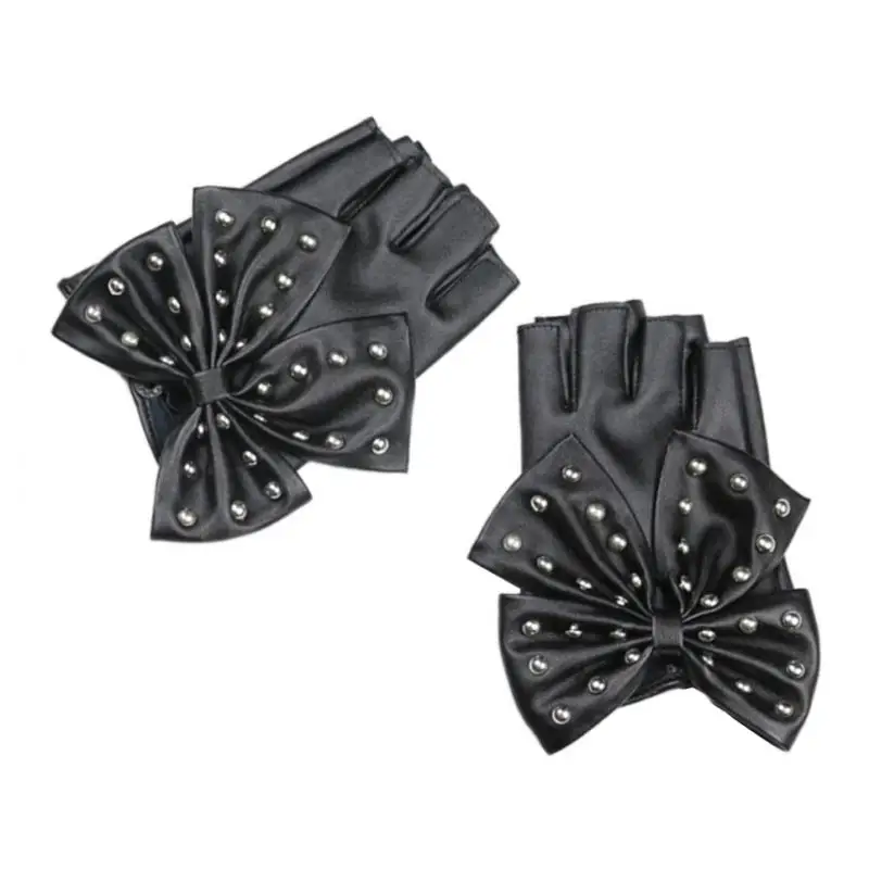 

Fashion Half Finger Gloves Female PU Leather Rivet Mitten Black Dancing