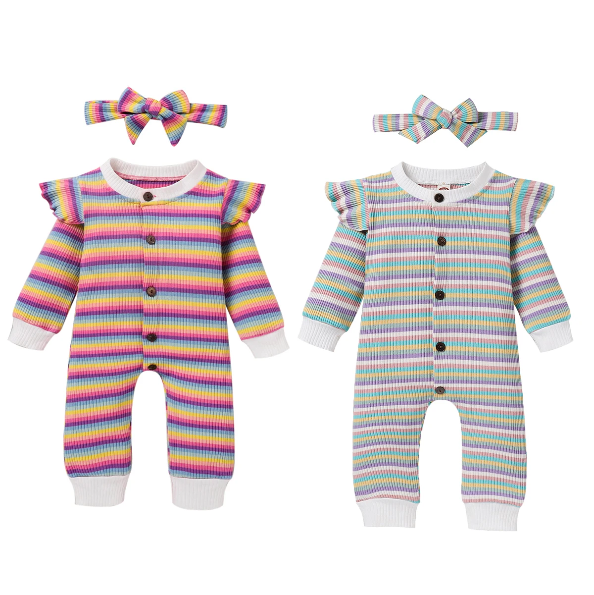 

Newborn Baby Colorful Striped Long Sleeve Ruffle Romper + Headband 2Pcs Clothes Set