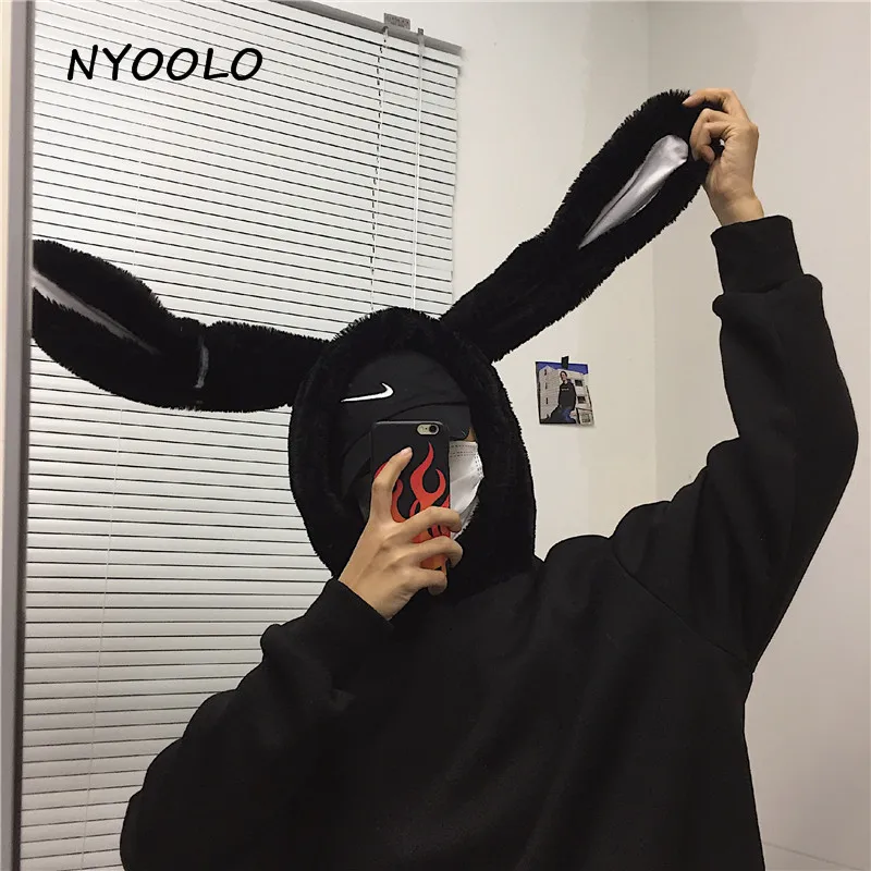 NYOOLO Harajuku стиль Свободные толстовки с заячьими ушками осень зима плюс бархат длинный рукав с капюшоном Пуловеры Толстовка для женщин и мужчин топы