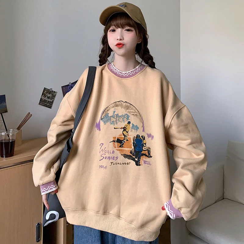 

Новинка Осень 2021, тонкий свитшот с круглым вырезом и длинными рукавами, Свободный Повседневный женский топ с капюшоном и принтом в стиле рет...