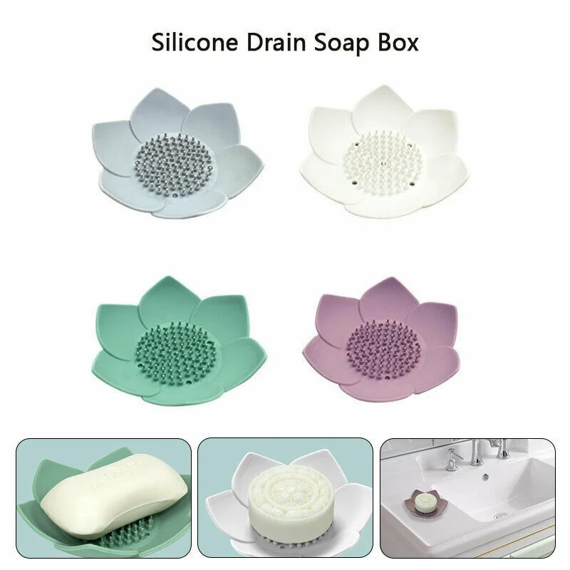 

Draining Soap Dish Box 1*Silicone Lotus Shape Holder Soap Dishes Drain Plate