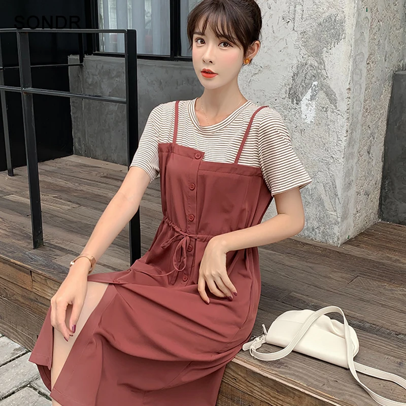 

Vintage Dress One-Piece Dress Korean Fashion Loose Waist Dress 2020 Summer Fake Two Girl Dress Nature Hike College Style Dresses