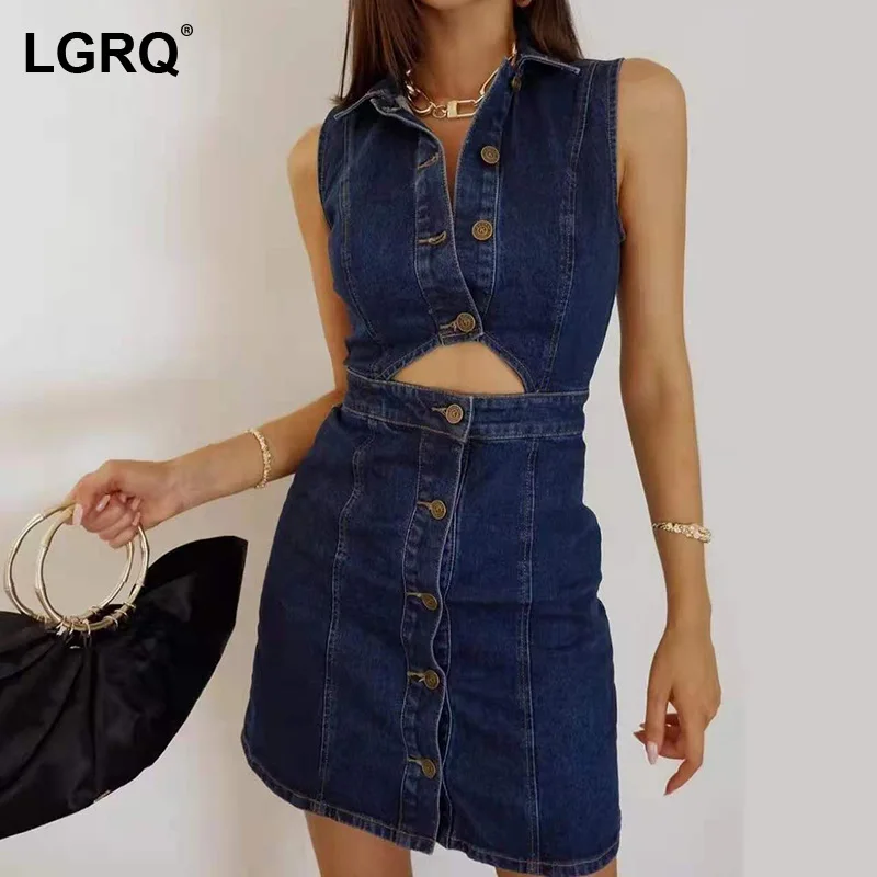 

[LGRQ] Women Blue Hollow Out Sexy Denim Slim Dress New Turn Down Neck Sleeveless Fit Fashion Tide Spring Autumn 2021 19D1880
