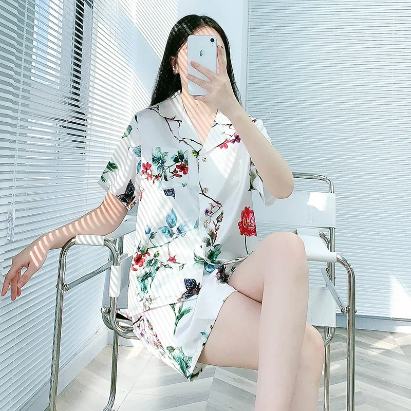 

Women Pajama Sets Satin Floral Print Short Sleeves Sleepwear Summer Shorts Pyjamas Home Clothing