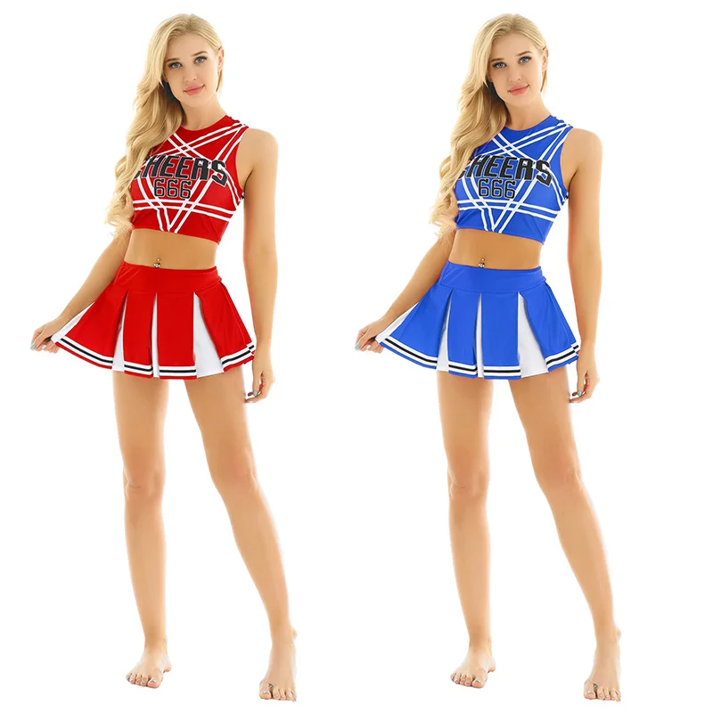 Women Schoolgirls Cosplay Uniform Sexy Lingerie Gleeing Cheerleader Sleeveless Crop Top Mini Skirt Exotic Set Halloween Costumes |