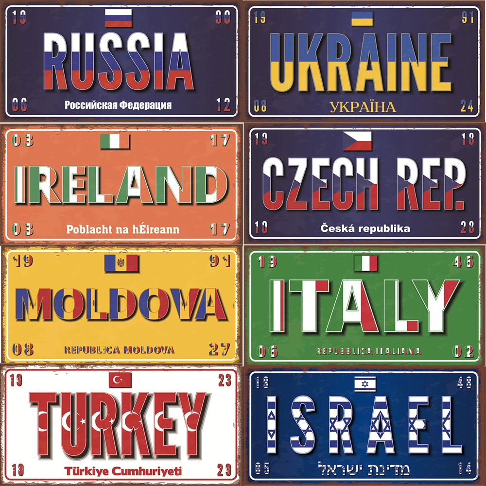 

Europe Countries Name Flag License Plate Poster Vintage Home Decor Retro Metal Tin Signs Pub Car Garage Wall Art Decor Russian