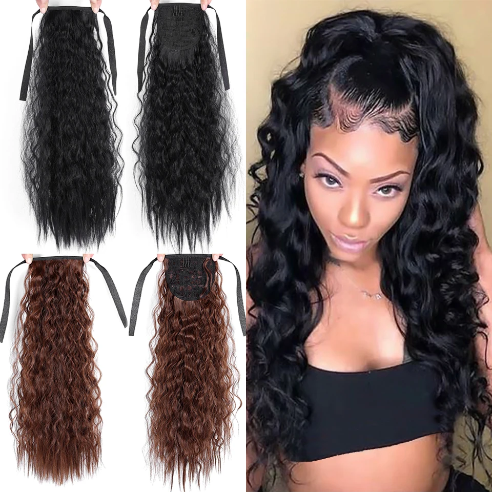 Длинная Кукуруза кудрявая хвостик 22 дюйма шнурок обернуть вокруг черный