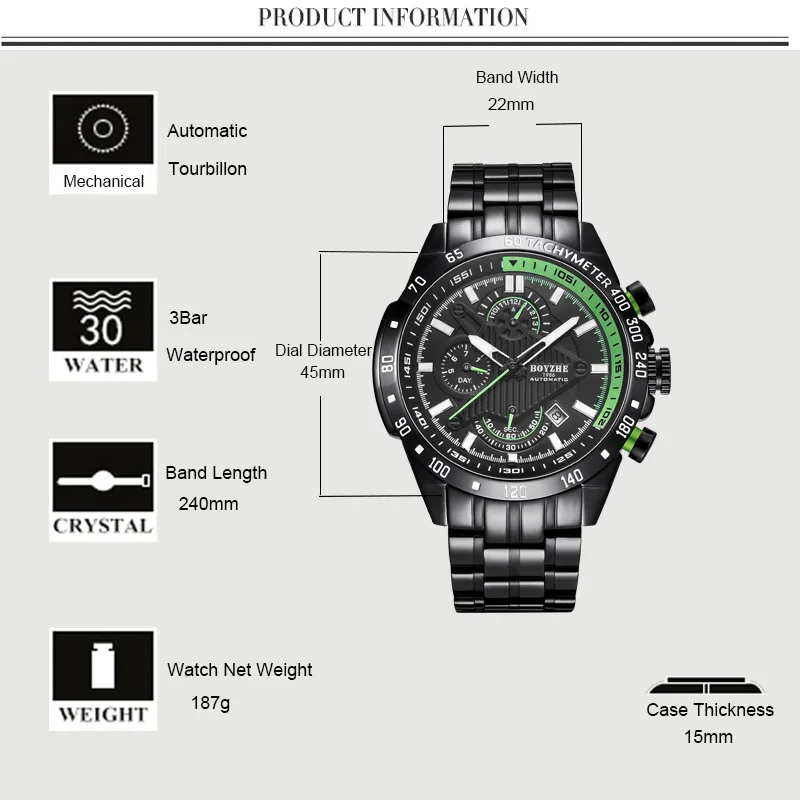 

BOYZHE Chronograph Mens Automatic Watches Top Brand Luxury Men Wrist Watch Mechanical Montres Sports Automatique Hommes Dropship