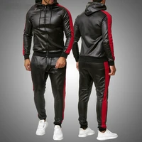 pu leather men tracksuit hooded mens set casual 2 pieces set faux leather jacketpants 2020 motorcycle sports suit mens clothes