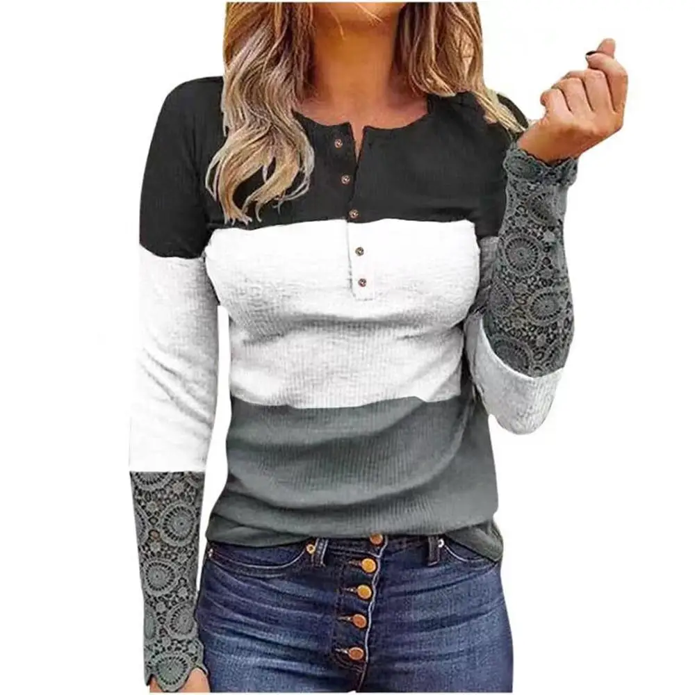 

Women Colorblock Long Sleeve T-Shirt Casual Slim Fit Button Up Blouse Warm Tee Tops Autumn Pullover New Fashion Clothes Autumn