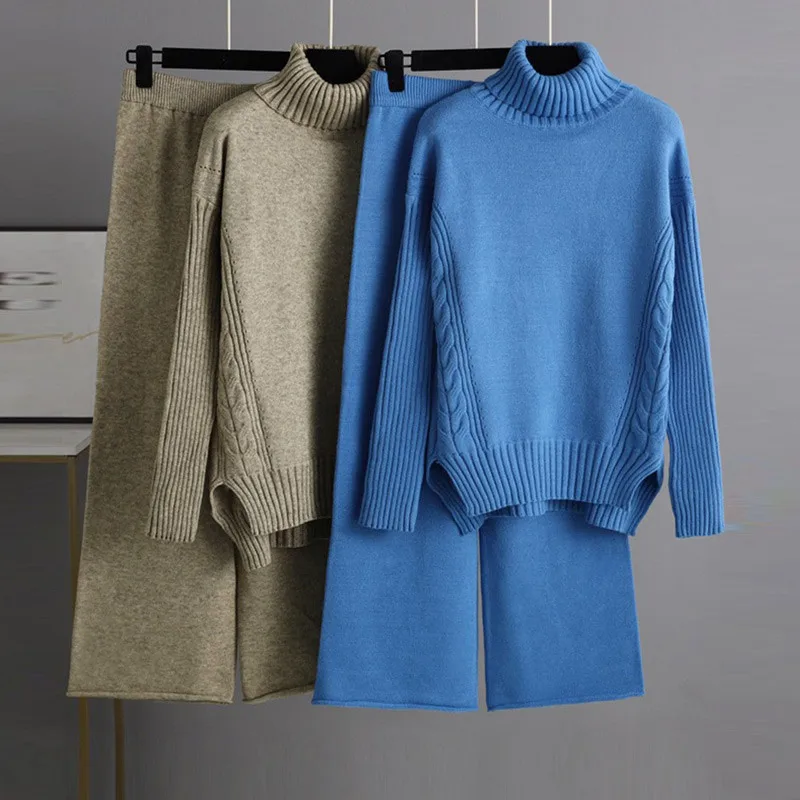 

Женский трикотажный комплект из Свитера и брюк, однотонный пуловер с длинным рукавом и брюки с широкими штанинами, 2021