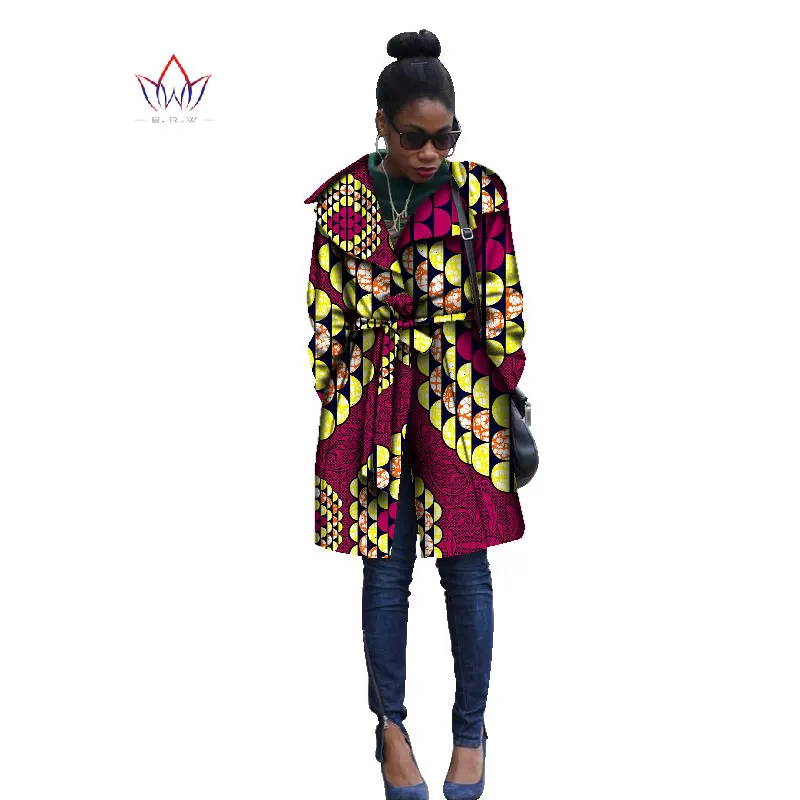 

Spring African Clothes Trench Women Long Sleeve Outwear with Sashes Coat Dashiki African Print Oversize Women Trench Coat WY1334