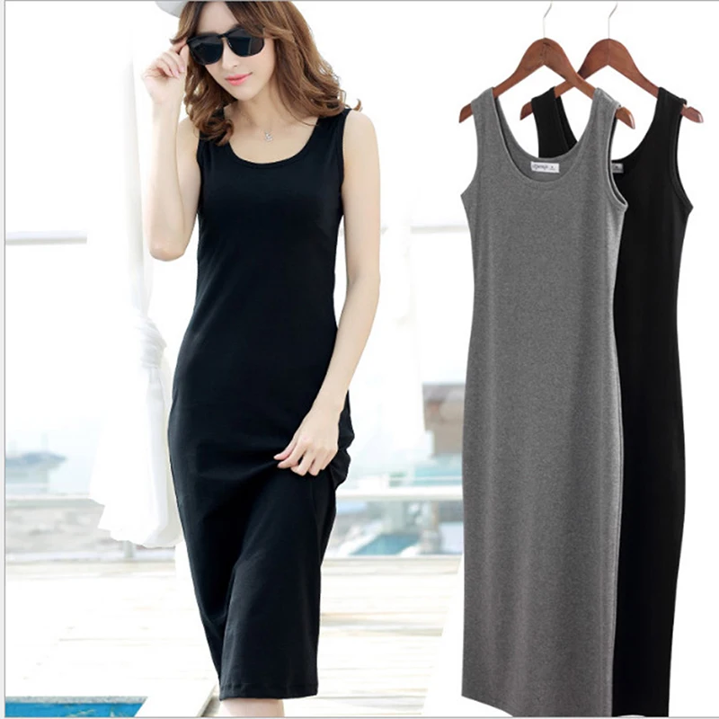 

Ladies Summer Style Fitness Women Sexy Knee Length Dresses Casual Sleeveless Dress Straight Basic Dress New