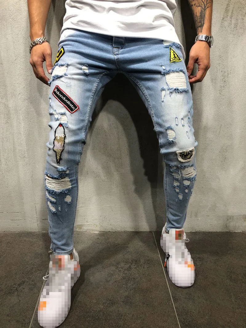 Mens Hip Hop Jeans Fashion Embroidery Print Skinny Destroyed Denim Pencil Pants Men Casual Slim Ripped Jeans pantalones