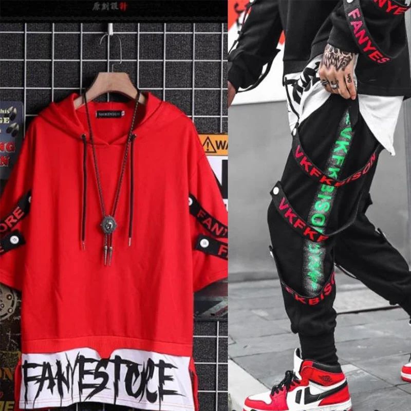 

Two-piece Suit Long Sleeve Sweatshirt + Overalls Men Hip-hop Loose Jacket Tops Clothes Tops and Pants Sweatpants Set for Boys