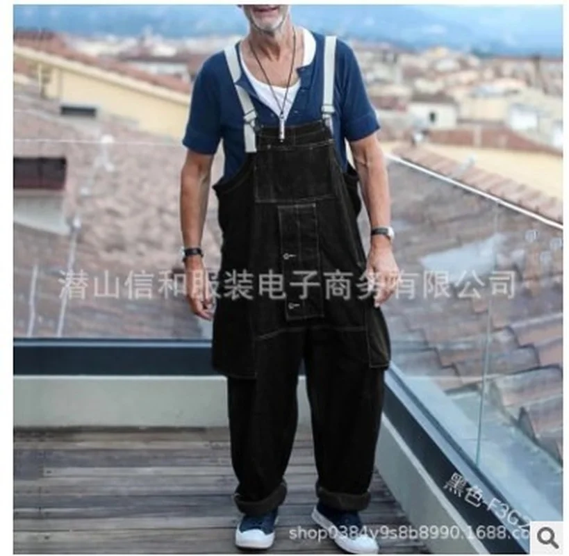 Fashion Men Jeans Spring Autumn New Loose Work Clothes Jeans Trousers Casual Multi Pocket Mens Suspenders Pants Denim Pants