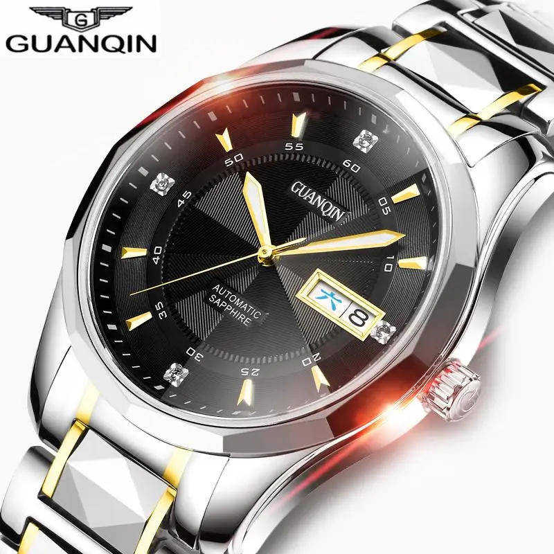 

GUANQIN Japan Mechanical movement Watch men Tungsten steel men watch week waterproof Automatic clock men Relogio Masculino