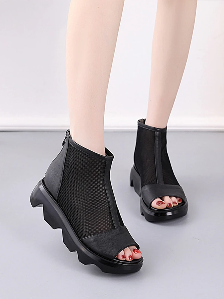 2020 летние женские кожаные сандалии с сеткой на толстой подошве новые открытым