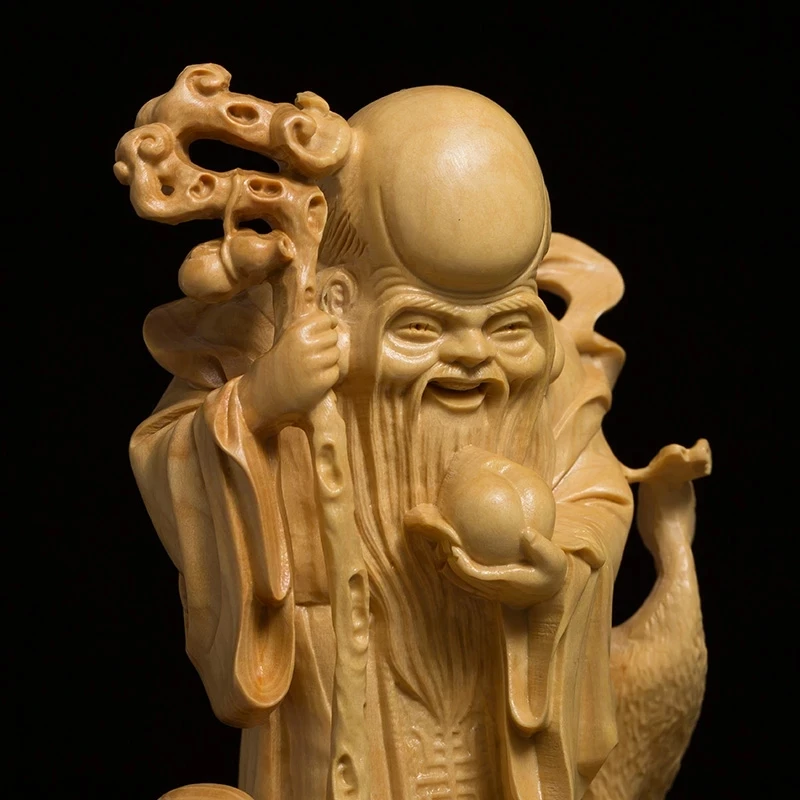 

Boxwood 13cm Longevity God Sculpture Wood Carving Lucky Mythical Statue Fu Lu Shou Home Decor