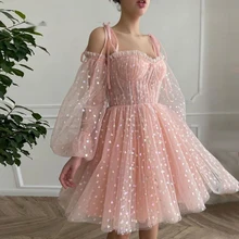 Robe De bal courte en dentelle rose pour filles, avec manches longues, bretelles Spaghetti, longueur aux genoux, Simple  (1)