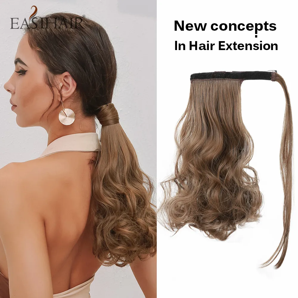 

EASIHAIR Long Wavy Wrap Around Clip Ponytail Hairpiece Wrap on Clip Hair Extensions Ombre Brown Pony Tail Blonde Fack Hair