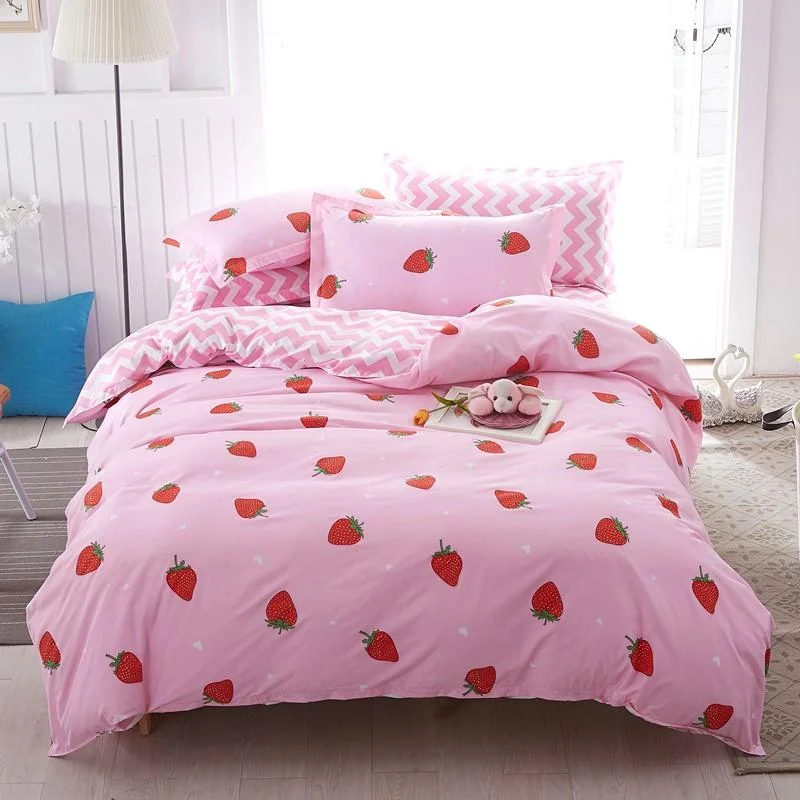 

Pink Strawberry Bedding Set For Girl Kid Teen Beds Sheet Cartoon Duvet Quilt Cover And Pillowcase Stripe Bed Sheet Home Textile