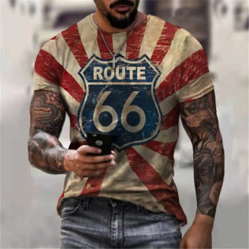 

Mens 3D T Shirts Summer New Short Sleeve Route 66 Vintage T Shirt America Highway Oversize O-Neck tops For Men