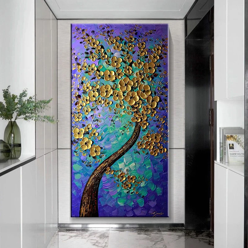 Абстрактная желтая Цветочная елка холст картина маслом синяя черная земля