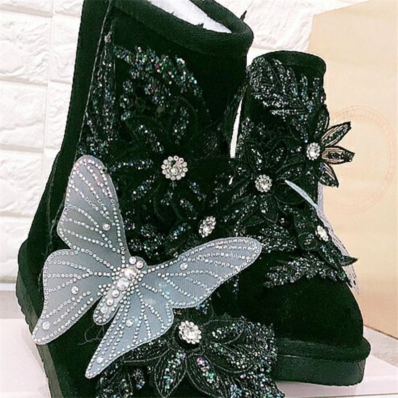 

Winter New Women's Genuine Leather Plus Velvet Boots Butterfly Beaded Sequins Flower Embroidery Luxury Warm Non-slip Snow Boots
