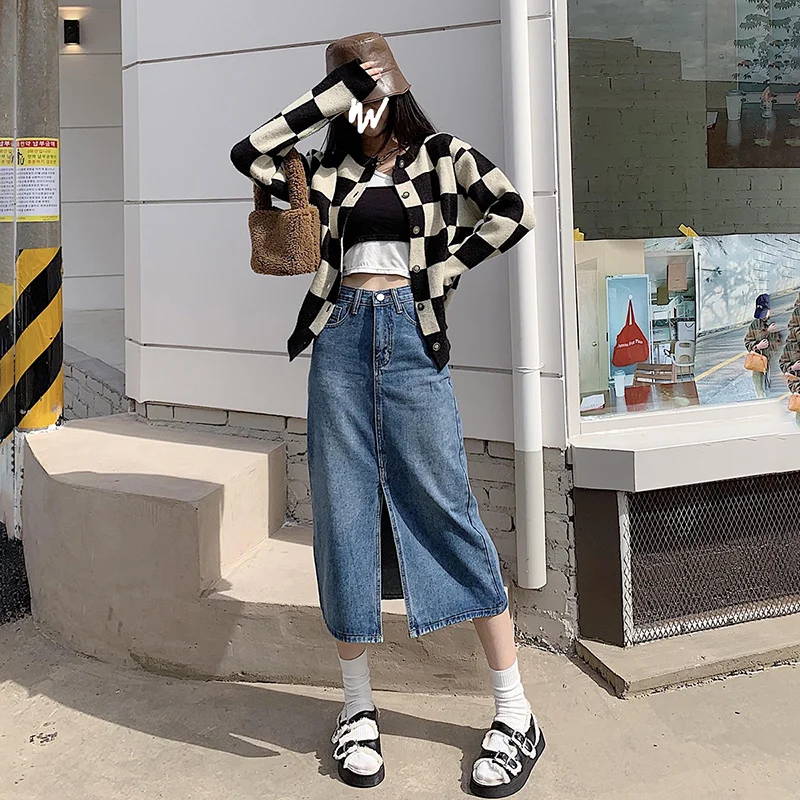 

Vintage Blue A Line Slit Long Skirt Women High Waist Korean Jean Skirts For Ladies