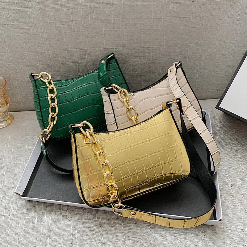 

Stone Pattern Shoulder Baguette Bags For Women 2021 Solid Color PU Leather Chain Handbags Female Travel Fashion Armpit Hand Bag