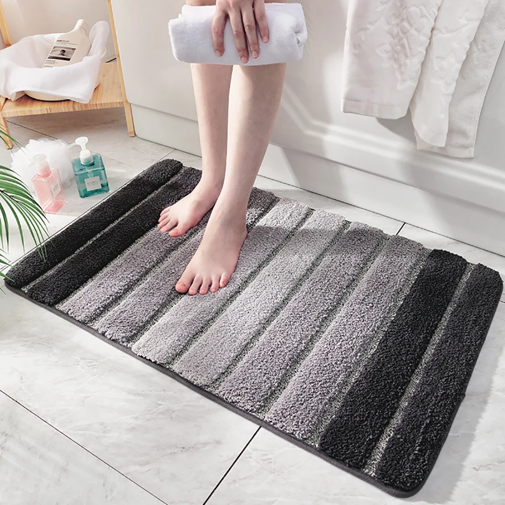 

Fashion Striped Microfiber Bath Mat Super Soft Flocking Bathroom Rug Fast Absorbent Bathroom Door Mat TPR Slip Home Floor Mat