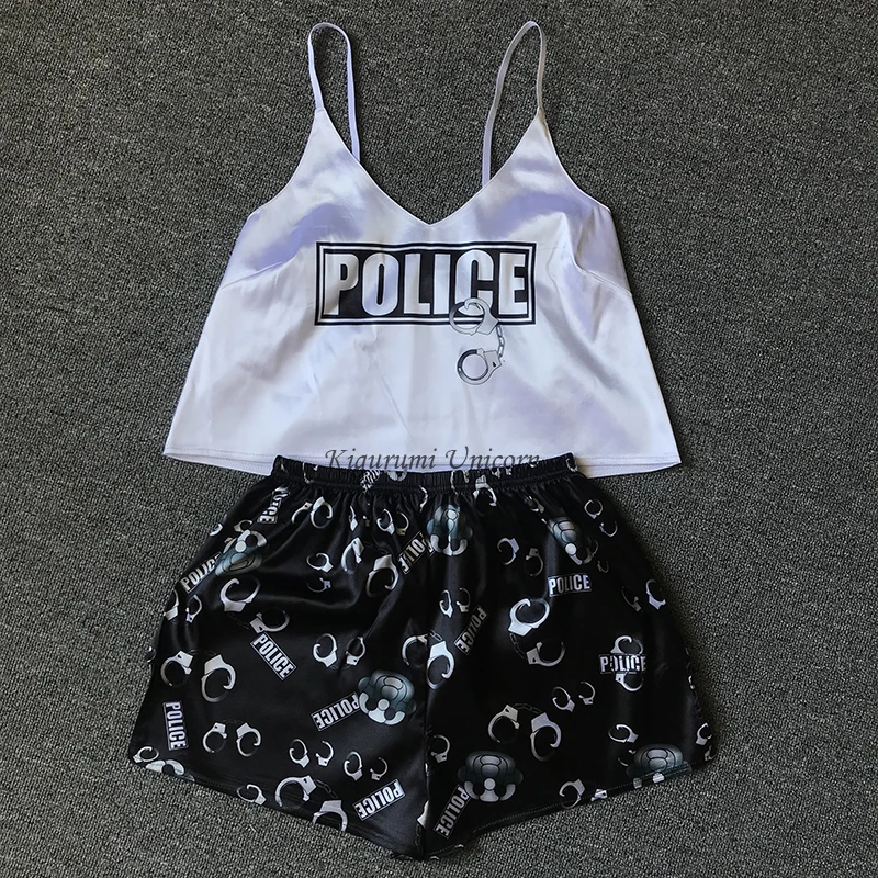 

Police Print Pajama Sets Pattern Women Pajamas Strap Sleeveless Sexy Sleepwear Set Female Summer Night Wear Home Suit