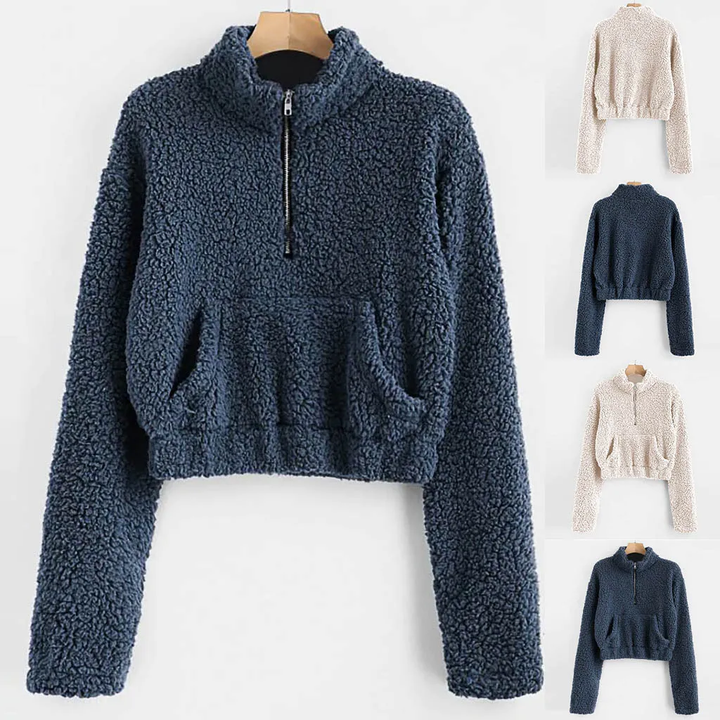 Женский укороченный топ утолщенный флисовый свитшот сексуальный однотонный