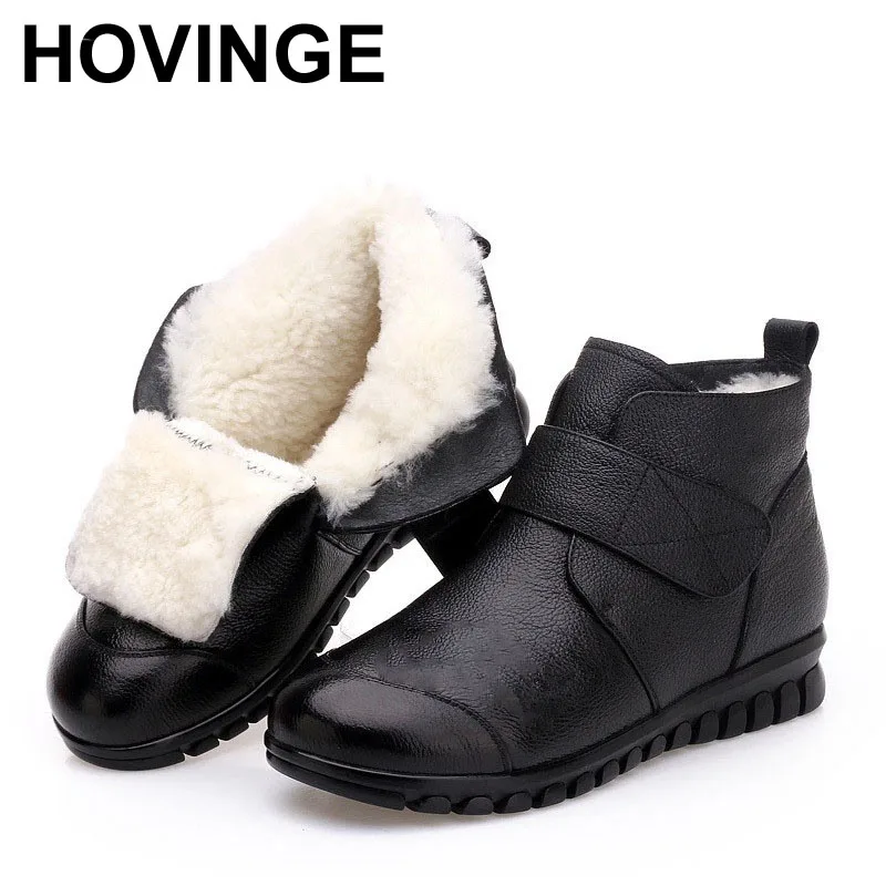 

HOVINGE 2019 Women Snow Boots 100% Genuine Leather Natural Wool Fur Winter Warm Ankle Boots Women Flat Shoes Botas