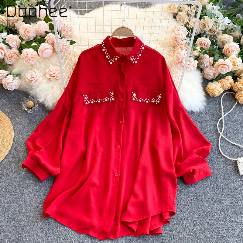 

European 2021 Spring/Summer New Chiffon Shirt Women's Lapel Puff Sleeve Loose Slimming Beaded Top Women's Trendy Blouse
