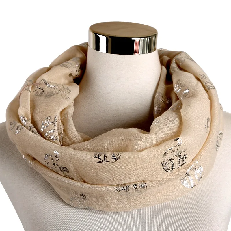 Beige Sliver Loop FOXMOTHER легкий темно-синий белый цвет фольга Золотой Серебряный слон животных печати шарф мусульманский хиджаб шаль шарф-кольцо снуд женские - Цвет: Beige Sliver Loop