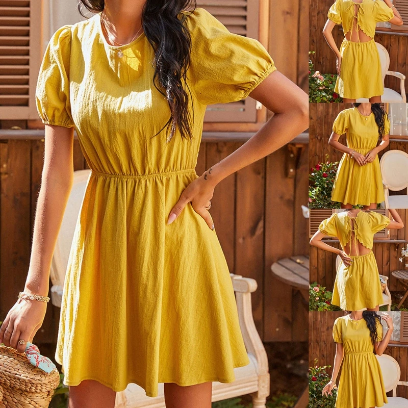 

Women Tie Back Backless Solid Color Crewneck A Line High Waist Short Sleeve Flowy Short Dress Summer Beach Holiday Sundress