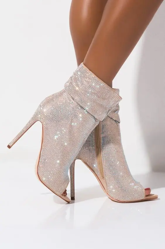 

Moraima Snc Bling bling Crystal Embellished High Heel Boots Sexy Peep Toe Woman Ankle Boots Thin Heels Party Dress Shoes
