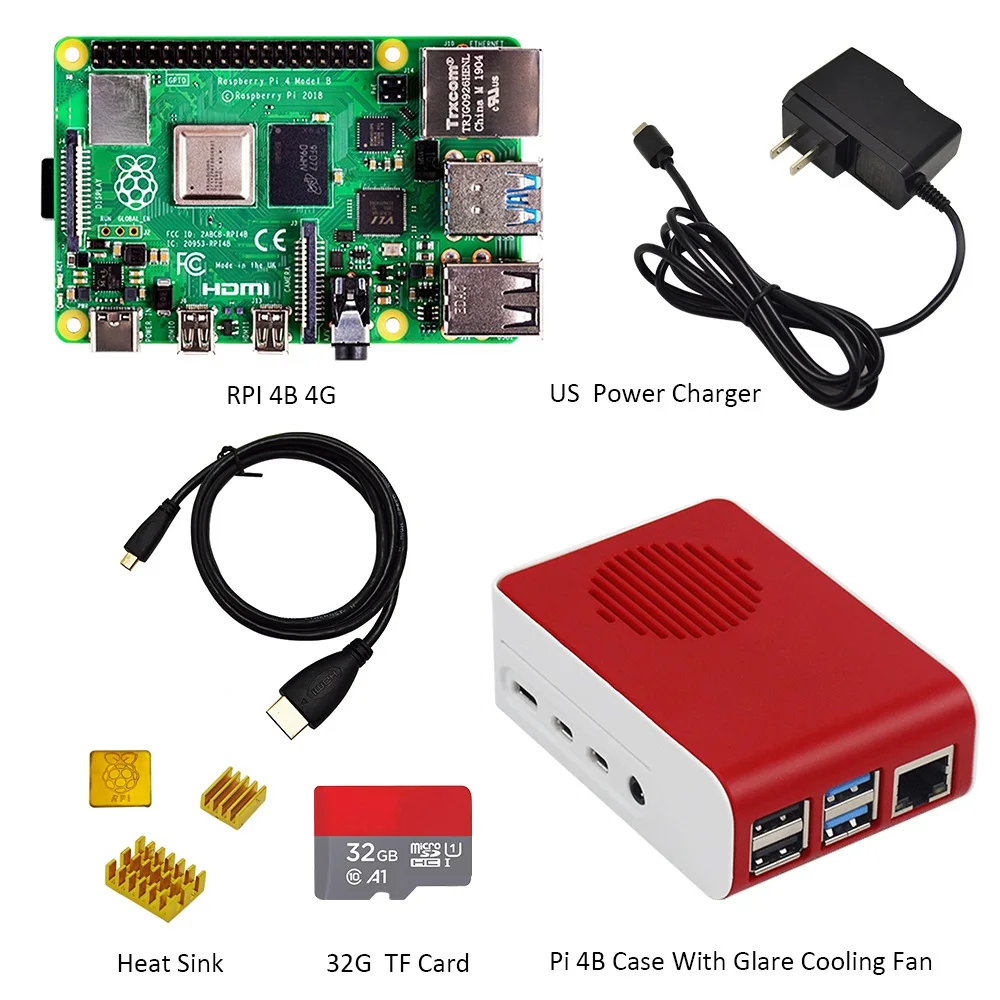 Günstig Original Raspberry Pi4 Modell B Kit 4GB RAM + Fall Mit Fan + EU/US/UK Typ-C 5V/3A Power Ladegerät + 32G Tf-karte + Kühlkörper
