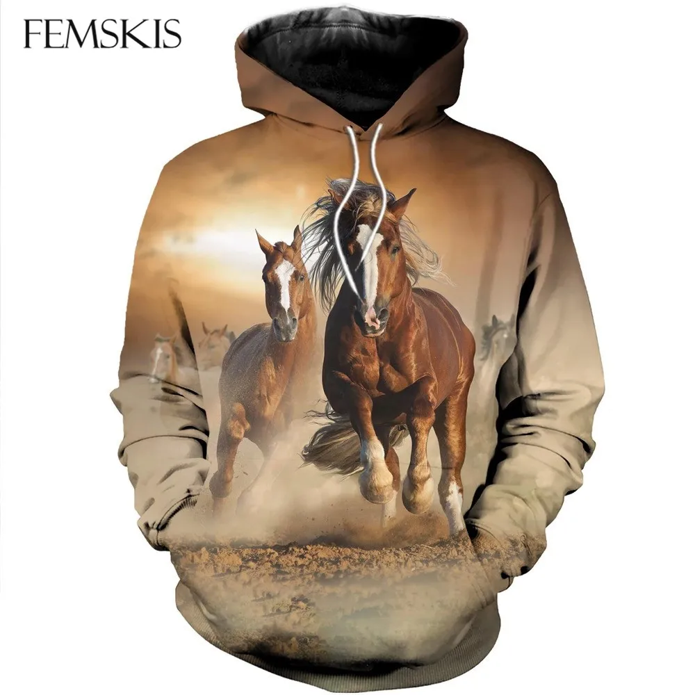 

FEMSKIS Craze Horse 3D Print Hoodies Autumn Sweatshirt Animal Pattern Unisex Outerwear Hooded Hoodies Sportwear Casual Pullover