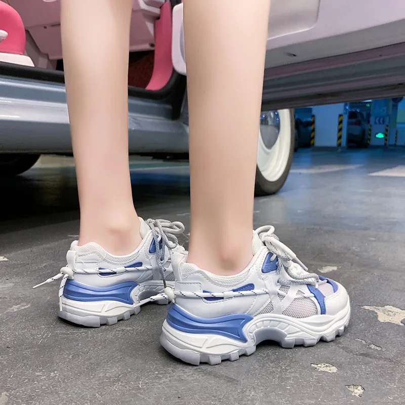 Women's Breathable Sneakers 2021 Summer New Trend Color Matching Mesh Lace-Up Ladies Outdoor Low-Top Platform Casual Shoes