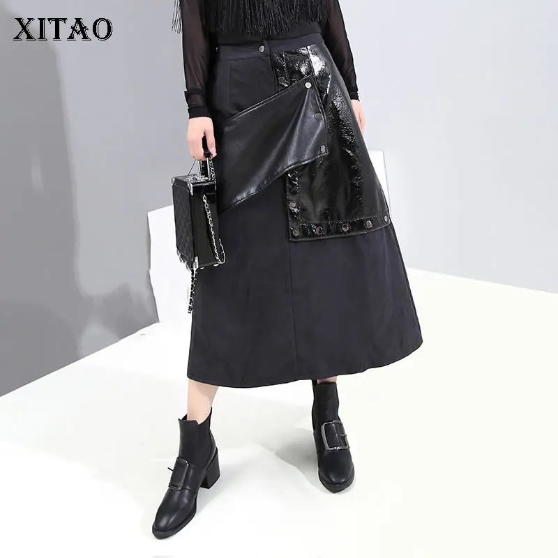 XITAO Женская юбка с высокой талией 2019 осенняя повседневная ПУ пэтчворк карманами