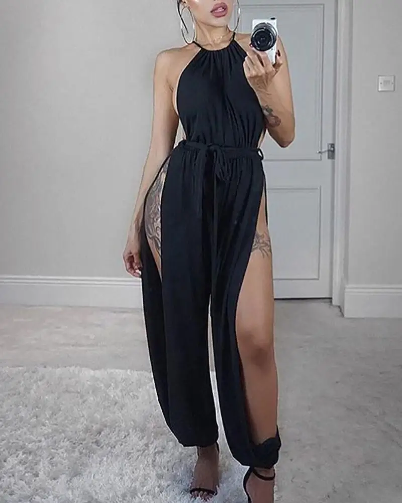 2020 Women Elegant Black Sexy Party Jumpsuit Female Halter Cocktail  Solid Sleeveless Ruched Slit Jumpsuit