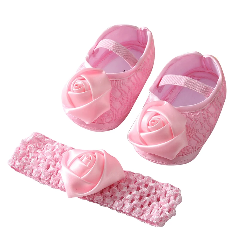 

Новорожденные девочки розовая принцесса кружевная обувь + повязка на голову роза цветок малыш ребенок хлопок мягкая подошва Прогулочная ДЕ...